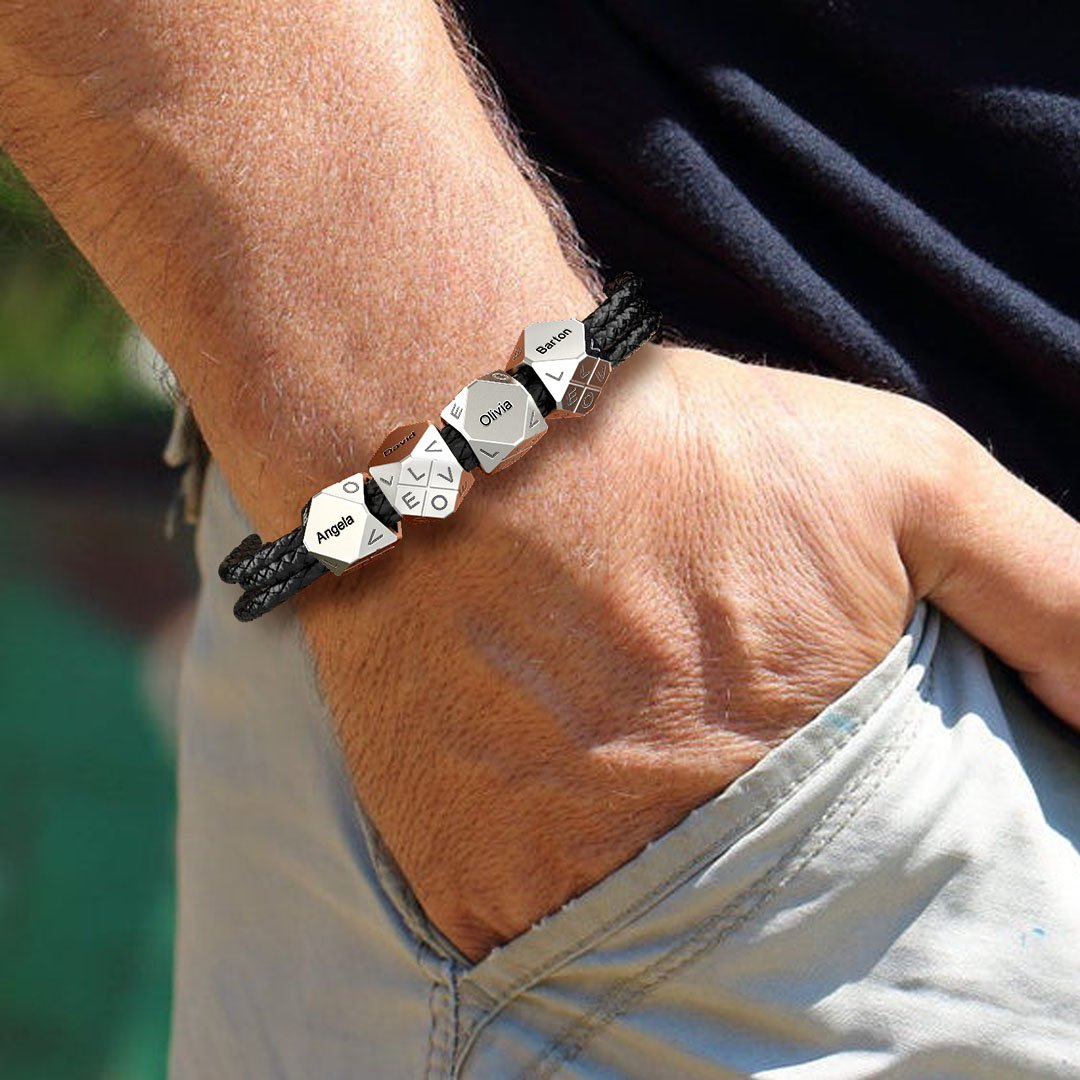 Father's Day Gift Men's Braided Leather Bracelet With Polyhedral Custom Beads