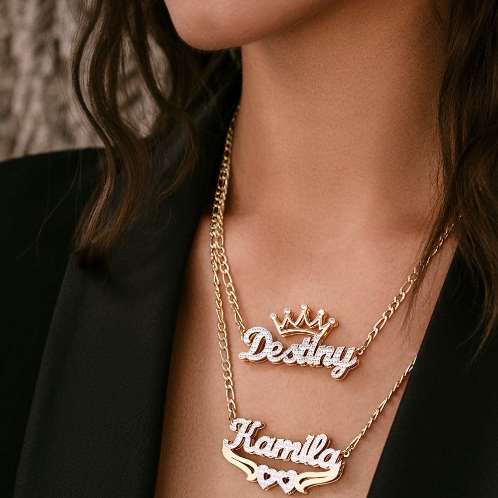 Double Plated Crown Name Necklace w/ Figaro Chain | Dorado Fashion