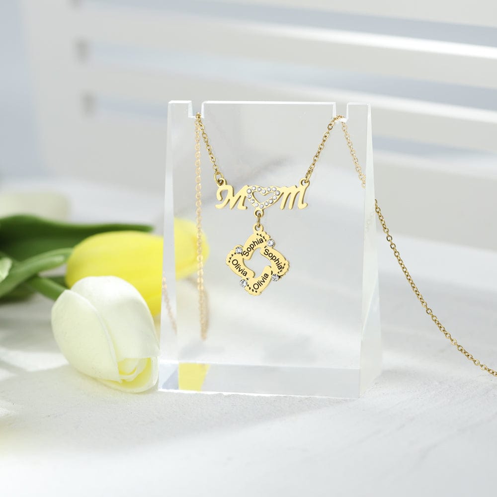 Mother's Day Gift Personalized Diamond Mom Necklace With Crystal Baby Feet Mom Necklace MelodyNecklace